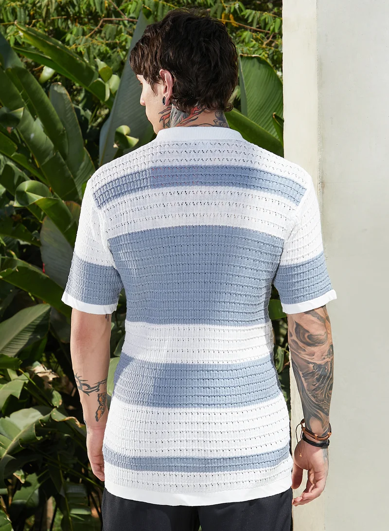 CAHOOT  Men's Icy Blue & Daisy White Panel-Knit Relaxed Shirt For Casual Wear | Polo Neck | Short Cuffed Sleeves | Button Closure | Shirt Crafted With Comfort Fit For Everyday Wear for Men | Best Price UAE